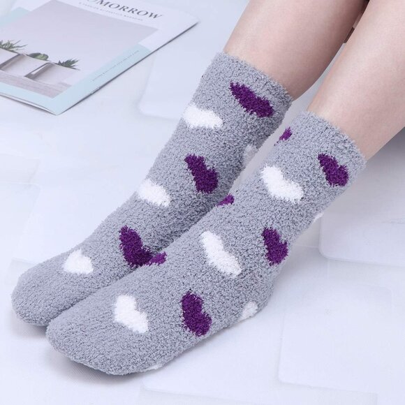 Plush Slipper Socks Women Colorful Warm Fuzzy Crew Socks Cozy Soft Purple Black - Picture 3 of 7